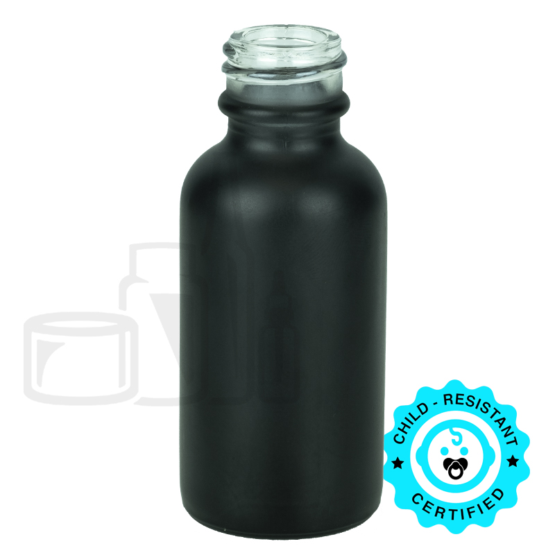 1oz Matte Black Glass Boston Round Bottle with 20-400 Neck Finish (360/case)