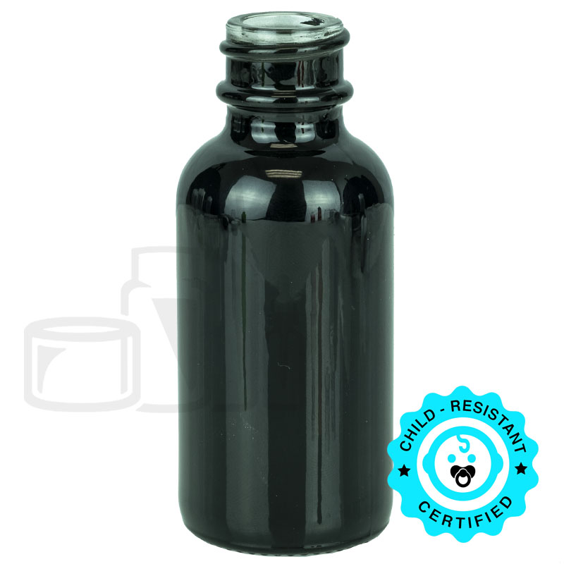 1oz Shiny Black Glass Boston Round Bottle 20-400 Neck Finish (360/case)