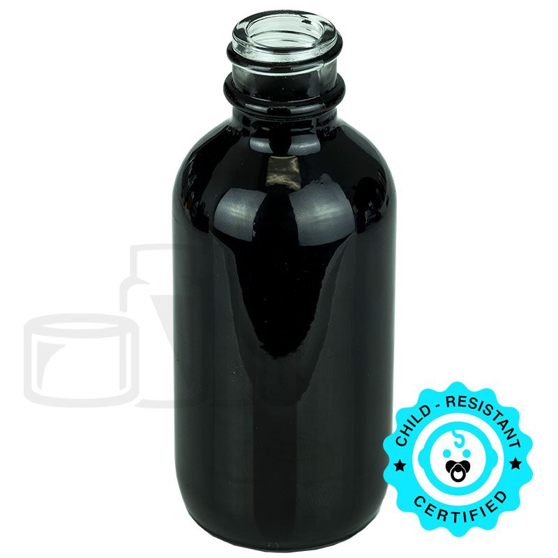 2oz Shiny Black Glass Boston Round Bottle 20-400 Neck Finish (240/case)