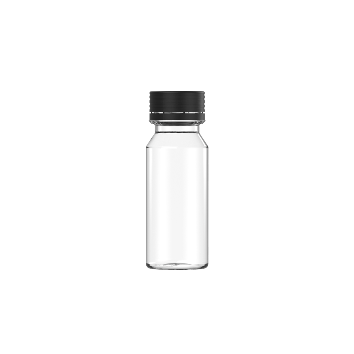 60ML Spiral Shot Bottle w/ Friction Fit Closure & Tamper Break-Off Band (Clear Natural Bottle w/ Opaque Black Closure) - 500/case
