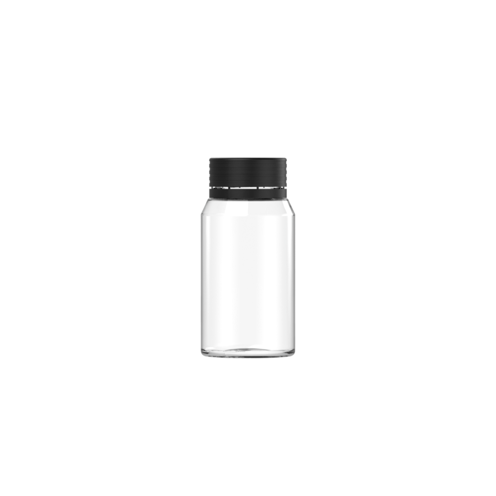 60ML Mini Spiral Shot Bottle w/ Friction Fit Closure & Tamper Break-Off Band (Clear Natural Bottle w/ Opaque Black Closure) - 500/case